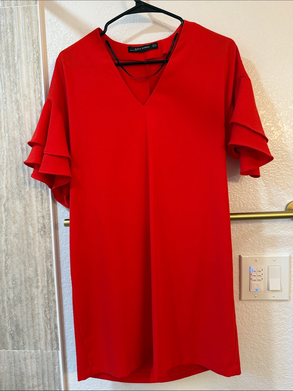 Zara Bright Red V-Neck Mini Dress with Layered Ruffle Sleeves